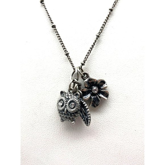 Vintage VCLM Silver Tone Chain Charms Necklace, Owl, Flower, Leaf - Picture 2 of 4